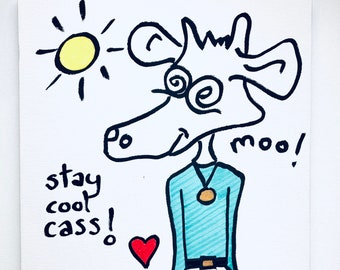 SUNSHINE COW! Hand made by Clint Boon. Cow art on canvas. Personalised with your message. Each piece unique. Approx 12" x 17".