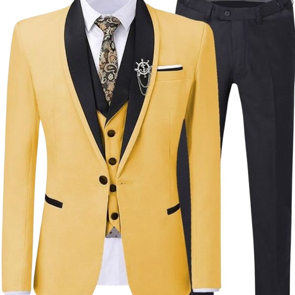 Men’s Yellow 3 Piece Suits Tuxedo Modern Look Slim Fit 1 Button Wedding and Formal Events Suit, Blazer Vest Pants & Shirt