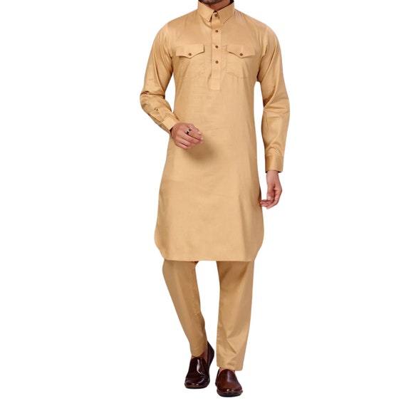 Cream Cotton Linen Pathani Suit For Men GR152719