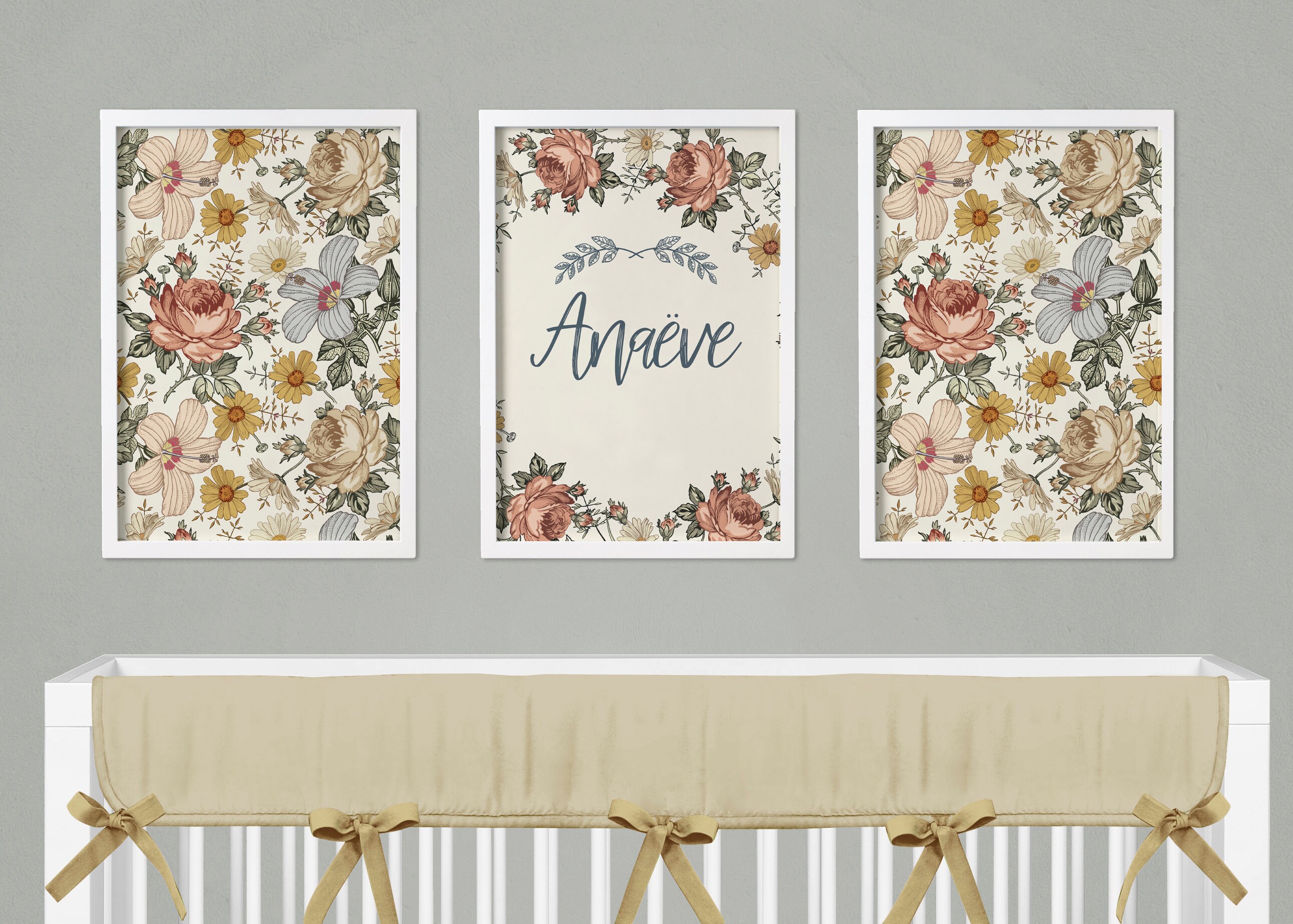 Vintage floral nursery wall art Flowers Boho Nursery floral Etsy