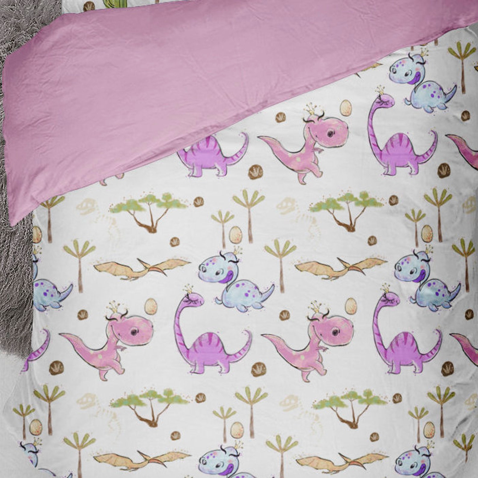 Dinosaur Twin Bedding Set Girl Twin Bedding Set Dino Girl Etsy