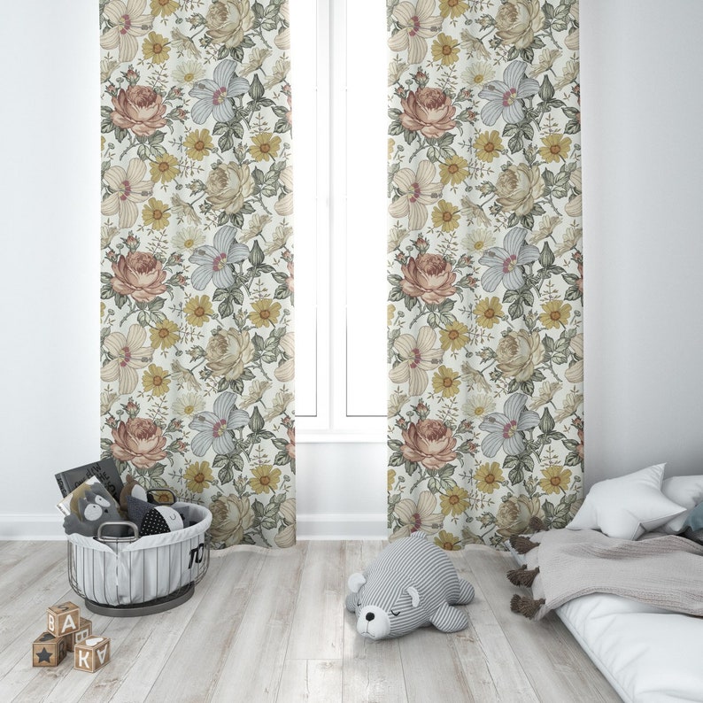 Curtains vintage floral mustard floral window curtain Etsy