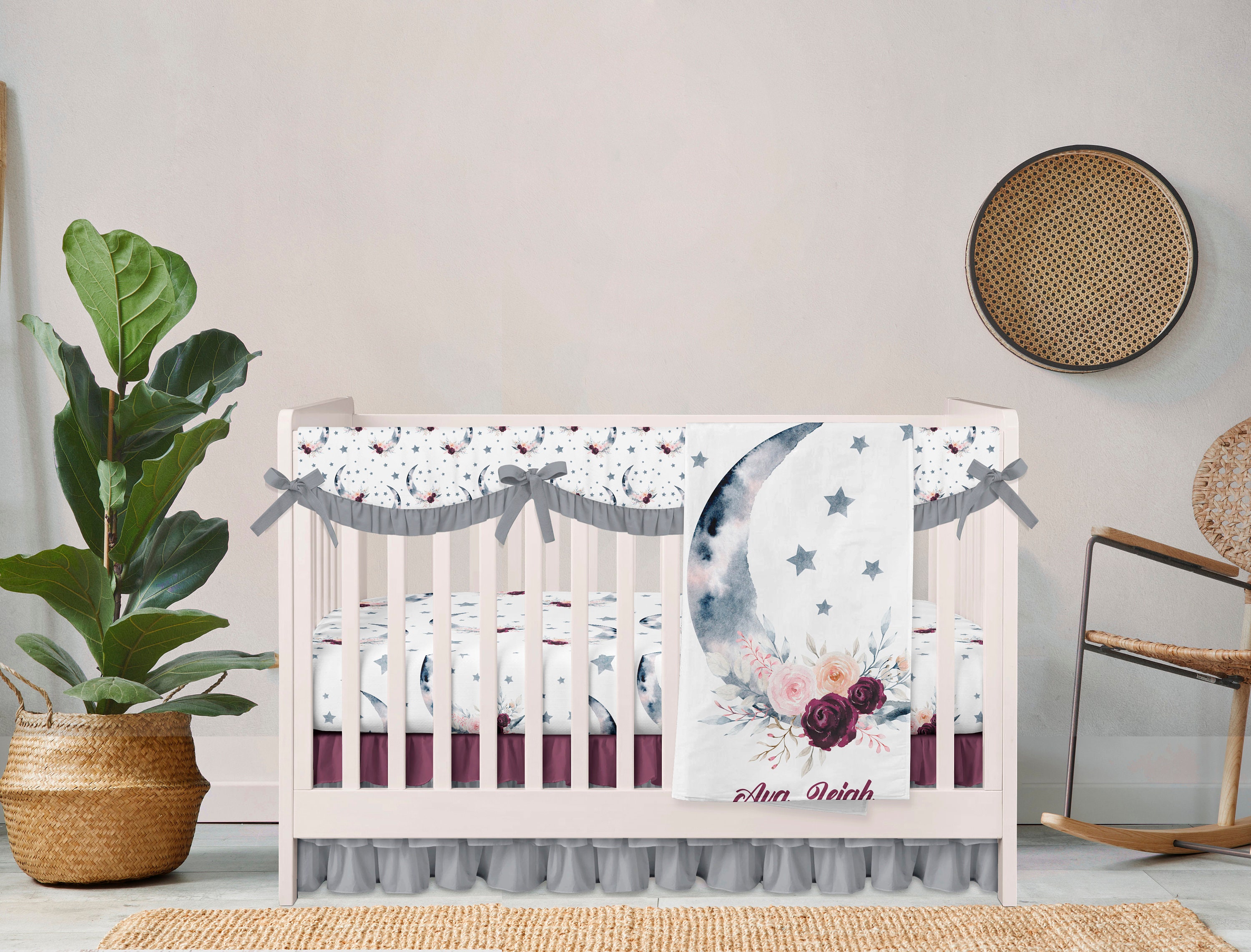Moon bedding set crib toddler mini crib set gray burgundy Etsy
