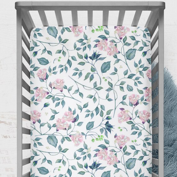 Crib sheets floral crib sheets green leaves change pad cover Etsy