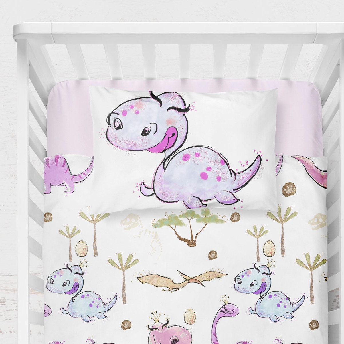Dinosaur bedding set girl dinosaur crib sheets pink princess Etsy