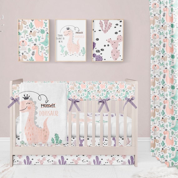 Dinosaur bedding set girl dinosaur crib sheets pink princess Etsy