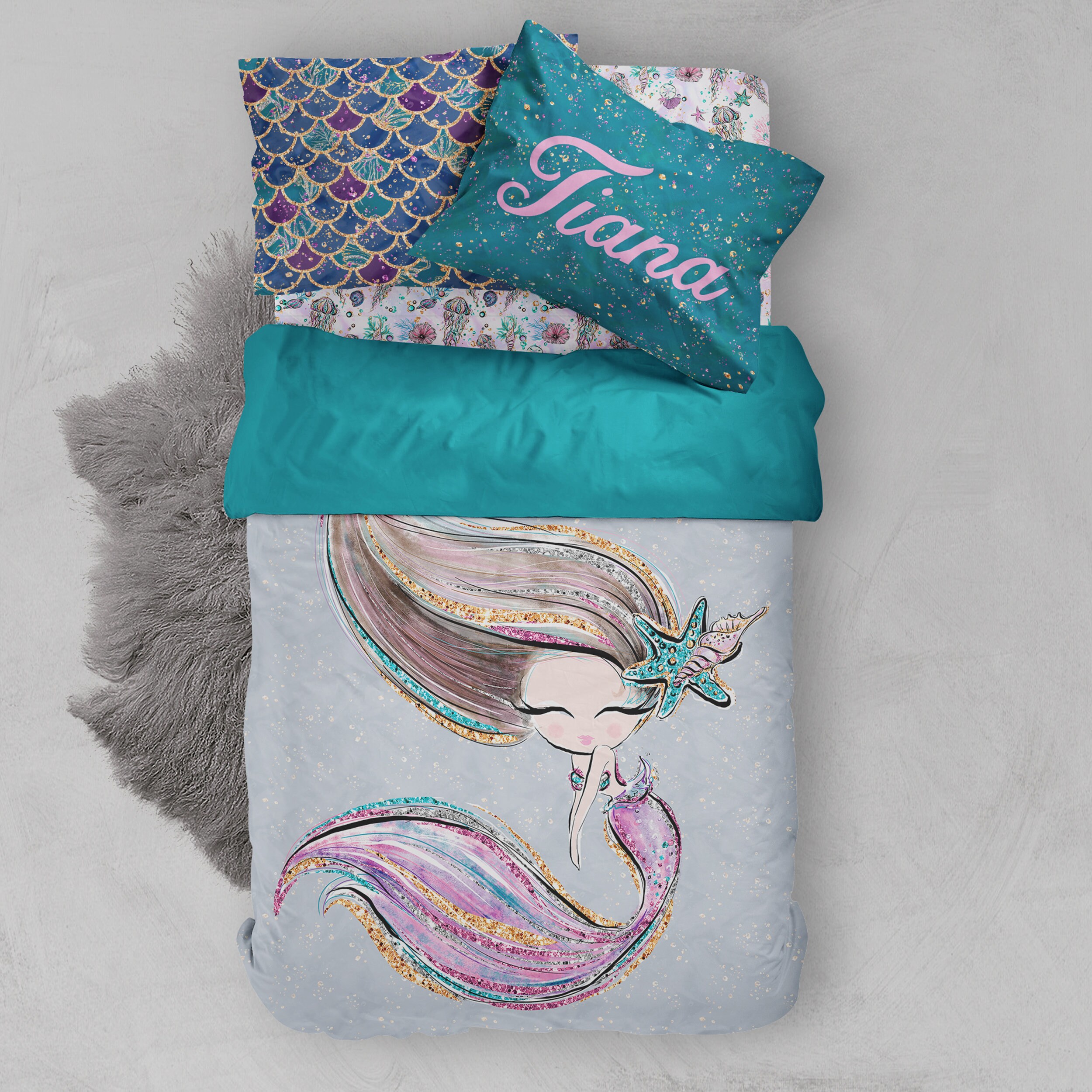 Mermaid Bedding Set Twin Size Turquoise Fitted Sheet Ocean Etsy UK