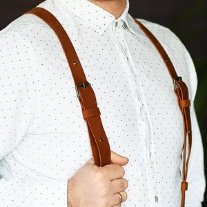Leather cognac suspenders men Groomsmen suspenders Rustic wedding suspenders