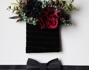 Burgundy Floral Boutonniere & Wooden Bow Tie: Gothic Boho Wedding