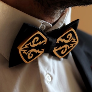 Wooden bowties for men Black and gold bow tie Groomsmen bow tie