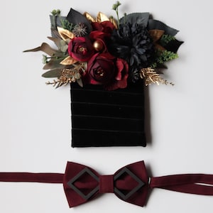 Groomsmen proposal Burgundy pocket boutonniere and wooden bow tie Gothic wedding
