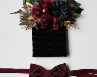 Groomsmen proposal Burgundy pocket boutonniere and wooden bow tie Gothic wedding
