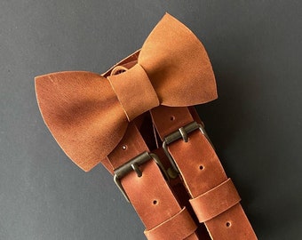 Cognac suspenders and bow tie Wedding leather suspenders for groomsmen Leather bow tie for groom