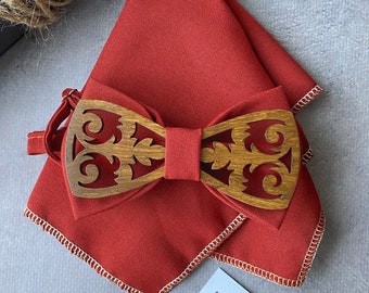 Nœuds papillon de mariage cannelle pour homme Ensemble nœud papillon et mouchoir de poche en bois de créateur Cadeaux garçons d'honneur