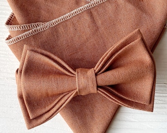 Linen terracotta bow tie Wedding linen bow tie Rust groomsmen bow tie and pocket square