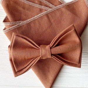Linen terracotta bow tie Wedding linen bow tie Rust groomsmen bow tie and pocket square