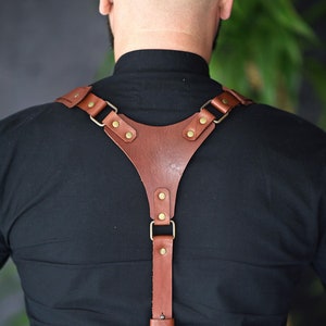 Mens leather suspenders with hooks Groom suspenders Handmade cognac suspenders