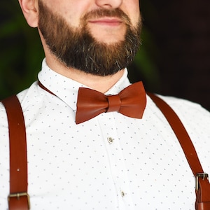 Terracotta bow tie and suspenders Groom leather bow tie 3rd anniversary gift for him