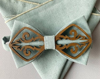 Sage green bow tie and pocket square set Wooden bow tie Groomsmen linen bow tie