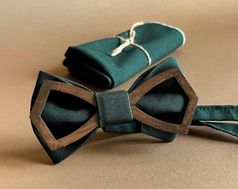 Emerald bow tie with pocket square Wooden bow tie Emerald green wedding bow ties for men