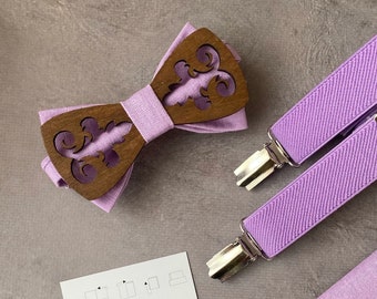 Lavender wooden bow ties for men Groomsmen bow tie and suspenders Groomsmen gifts
