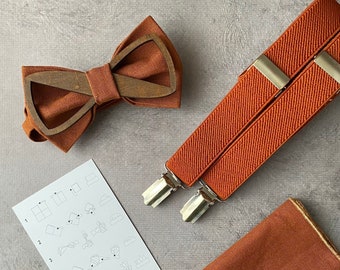 Rust bow tie and suspenders Groom bow tie set Designer terracotta bow tie and pocket square