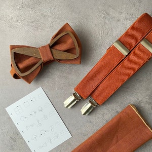 Rust bow tie and suspenders Groom bow tie set Designer terracotta bow tie and pocket square