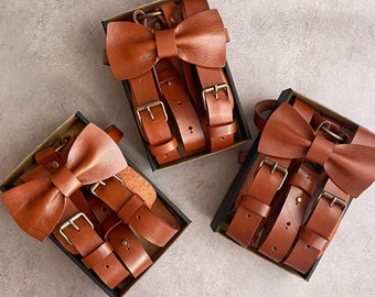 Rust suspenders and bow tie Groomsmen leather suspenders men Rust leather bowtie