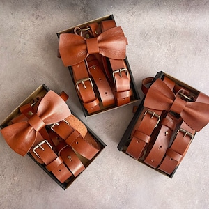 Rust suspenders and bow tie Groomsmen leather suspenders men Rust leather bowtie
