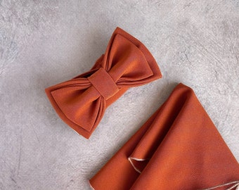 Handmade terracotta bow tie set Groomsmen bow tie Wedding burnt orange bow tie and pocket square