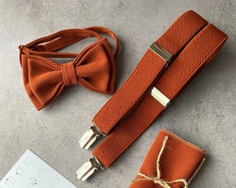 Wedding terracotta suspenders and bow tie Groomsmen bow tie set Handmade sienna bow tie and pocket square set