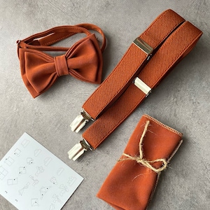 Wedding terracotta suspenders and bow tie Groomsmen bow tie set Handmade sienna bow tie and pocket square set