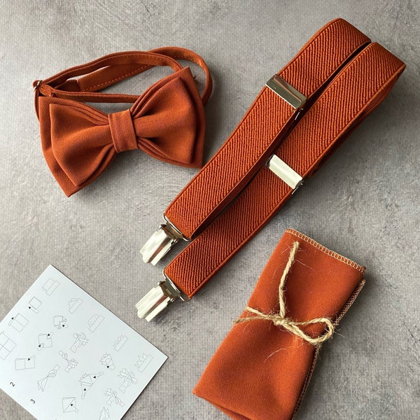 Wedding terracotta suspenders and bow tie Groomsmen bow tie set Handmade sienna bow tie and pocket square set