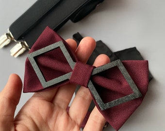 Gothic wedding bow tie Wooden bow tie and suspenders set Burgundy black wedding Groomsmen bow tie