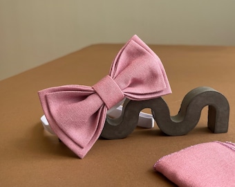 Dusty rose bow ties for men Wedding linen bow tie and pocket square Groomsmen gifts