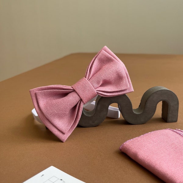 Dusty rose bow ties for men Wedding linen bow tie and pocket square Groomsmen gifts