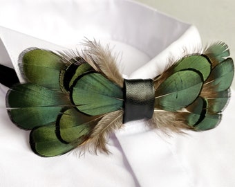 Feather bow ties for men Hunter green bow tie Wedding groom bow tie