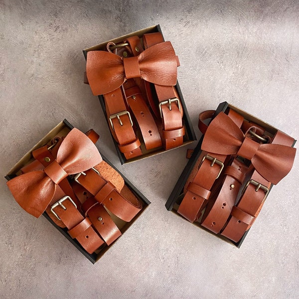 Brown leather suspenders and bow tie Groomsmen gift set of 6 or only 1