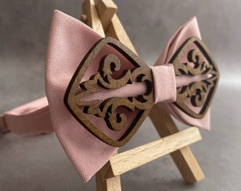 Blush pink bow tie Wedding wooden bowties for men and pocket square set Groomsmen bow tie