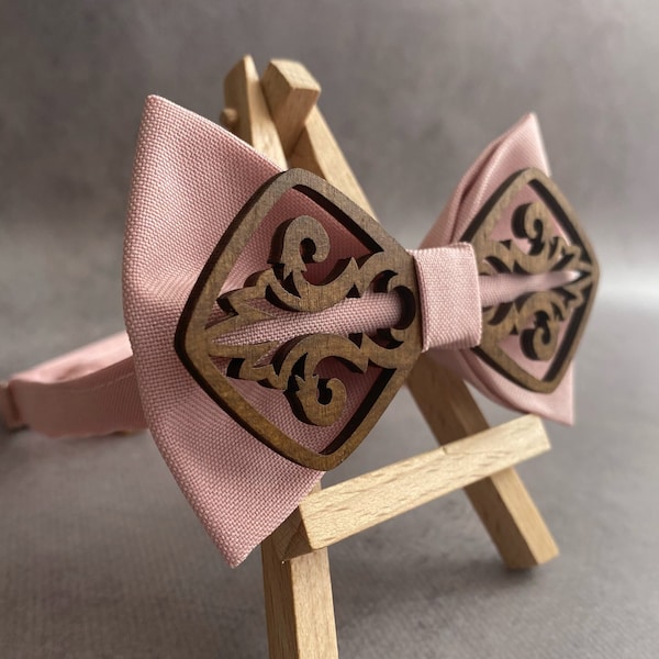 Blush pink bow tie Wedding wooden bowties for men and pocket square set Groomsmen bow tie