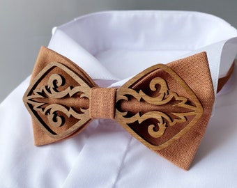 Groomsmen terracotta bow tie Wooden bow tie Autumn wedding linen bow tie and pocket square set