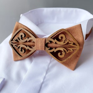 Groomsmen terracotta bow tie Wooden bow tie Autumn wedding linen bow tie and pocket square set