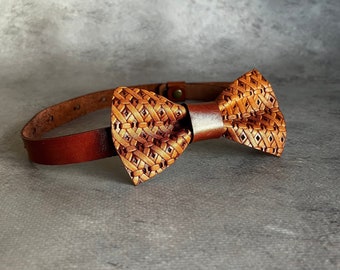 Cognac leather bow ties for men Handmade luxury bow tie Groomsmen gifts