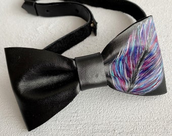 Leather bowtie for men Black feather bow tie 3 year anniversary gifts for boyfriend