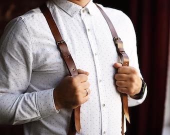 Leather suspenders for groomsmen Mens leather braces Groomsmen gift set of 6 or only 1