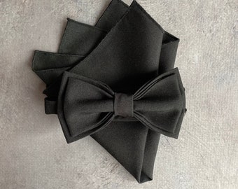 Black bow tie and pocket square set Groomsmen proposal gift Wedding bow ties for men