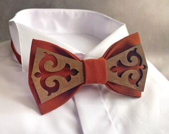 Wooden terracotta bow tie and pocket square set Groom bow tie