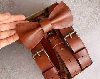 Leather burnt orange bow tie Groomsmen suspenders and bowtie