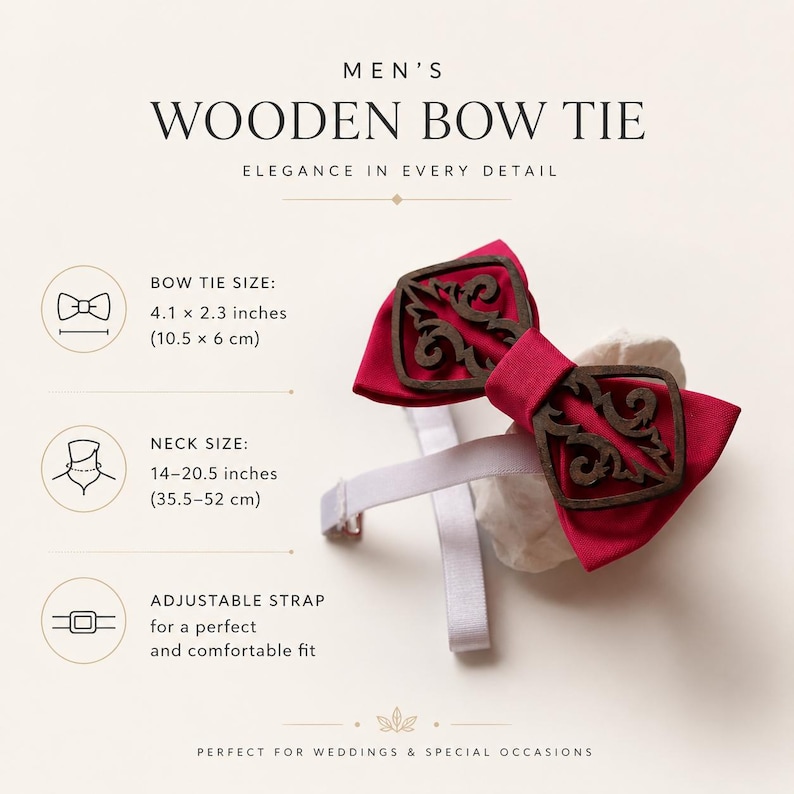 May include: A red fabric bow tie with dark brown laser-cut wooden overlays featuring intricate scrollwork. The bow tie includes an adjustable white strap. Text on the image indicates a bow tie size of 4.1 x 2.3 inches and a neck size of 14-20.5 inches.