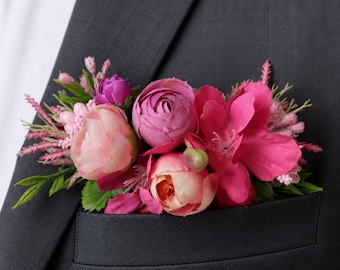 Conjunto de boutonnière de bolsillo para hombre, atuendo de novio, boutonnière floral magenta, pajarita, boda con flores silvestres